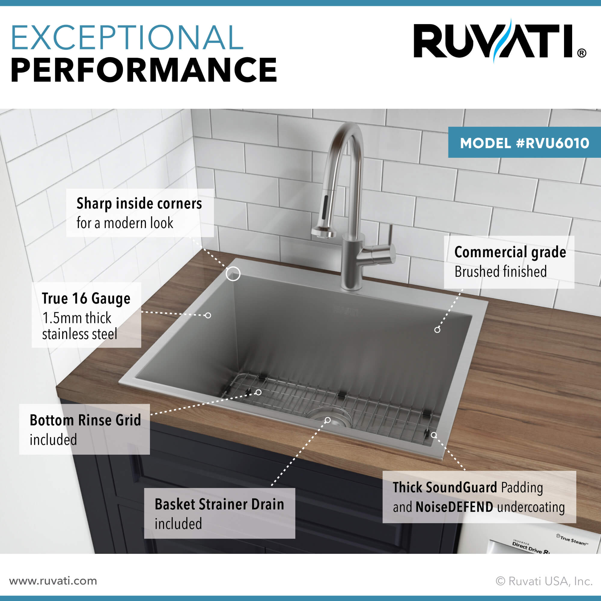 Alternative View of Ruvati Topmount Laundry Utility Sink 25" x 22" x 12" Deep 16 Gauge Stainless Steel, RVU6010