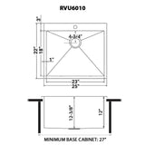 Dimensions for Ruvati Topmount Laundry Utility Sink 25" x 22" x 12" Deep 16 Gauge Stainless Steel, RVU6010