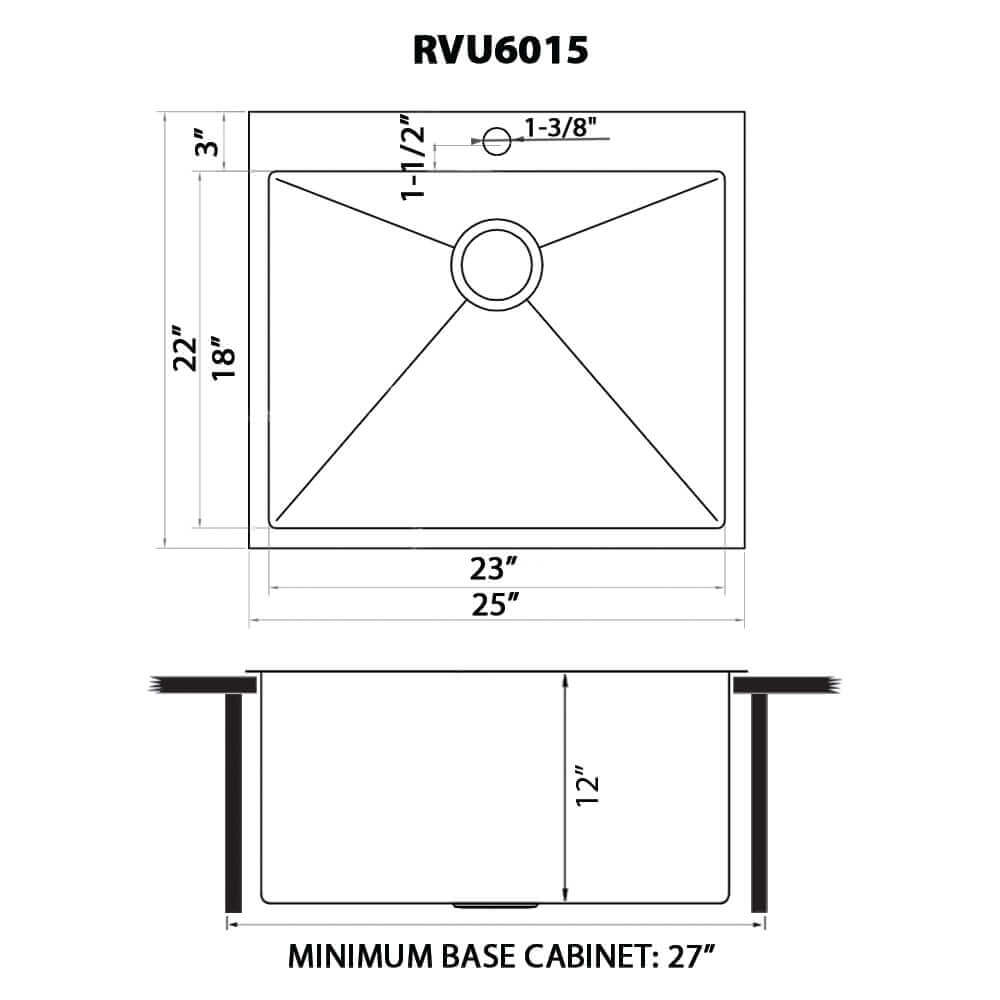 Dimensions Image for Ruvati Topmount Laundry Utility Sink 25 x 22 x 12 inch Rounded Corners Deep 16 Gauge Stainless Steel, RVU6015