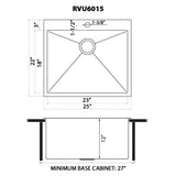 Dimensions for Ruvati Topmount Laundry Utility Sink 25 x 22 x 12 inch Rounded Corners Deep 16 Gauge Stainless Steel, RVU6015