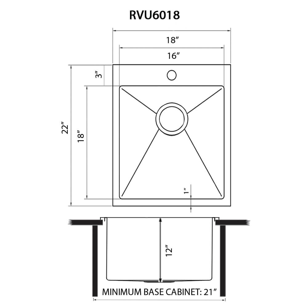 Dimensions Image for Ruvati Topmount Laundry Utility Sink 18 x 22 x 12 inch Rounded Corners Deep 16 Gauge Stainless Steel, RVU6018