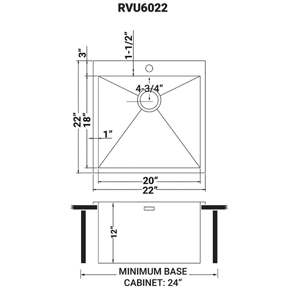 Dimensions Image for Ruvati Topmount Laundry 22" x 22" x 12" Deep Utility Sink 16 Gauge Stainless Steel, RVU6022