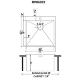 Dimensions for Ruvati Topmount Laundry 22" x 22" x 12" Deep Utility Sink 16 Gauge Stainless Steel, RVU6022