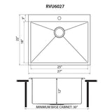 Dimensions for Ruvati Topmount Laundry Utility Sink 27 x 22 x 12 inch Rounded Corners Deep 16 Gauge Stainless Steel, RVU6027