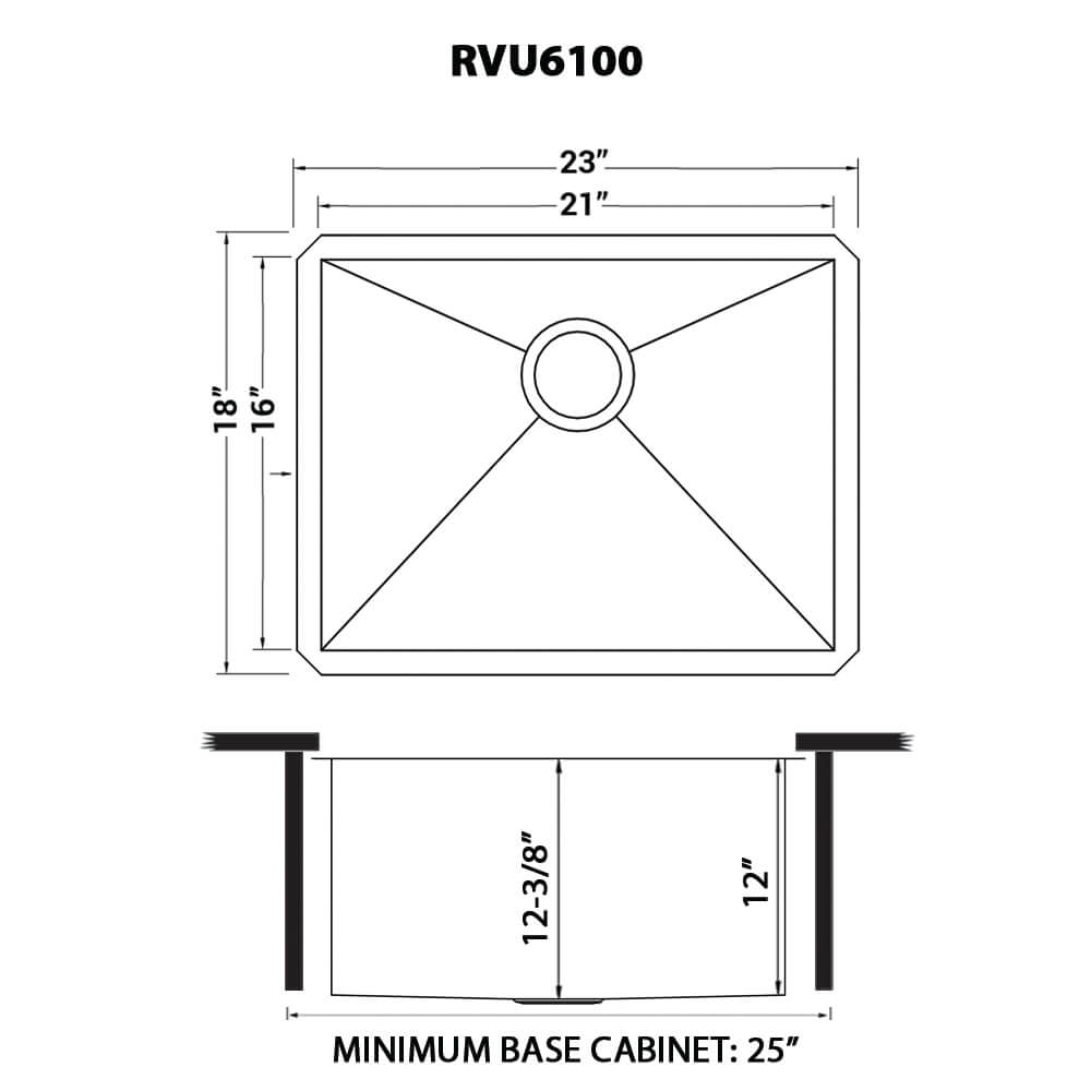Dimensions Image for Ruvati 23" x 18" x 12" Deep Laundry Utility Sink Undermount 16 Gauge Stainless Steel, RVU6100