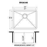 Dimensions for Ruvati 23" x 18" x 12" Deep Laundry Utility Sink Undermount 16 Gauge Stainless Steel, RVU6100
