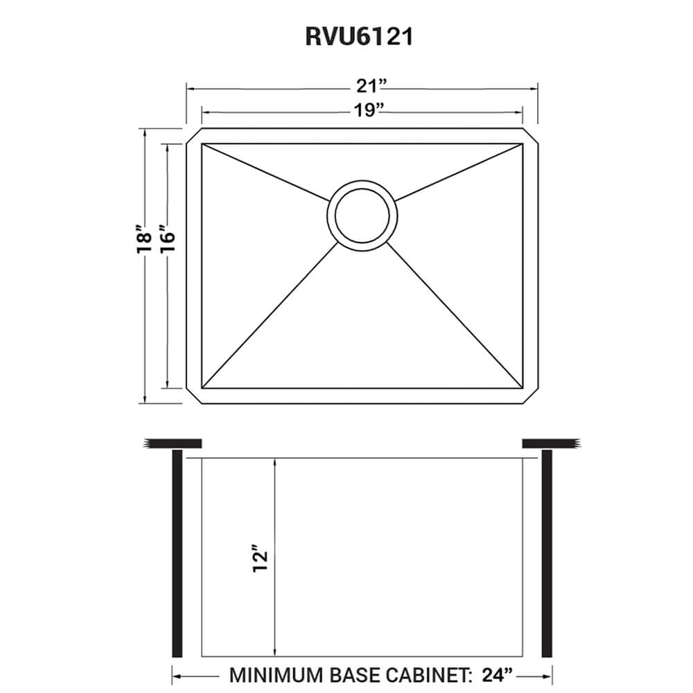 Dimensions Image for Ruvati 21" x 18" x 12" Deep Laundry Utility Sink Undermount 16 Gauge Stainless Steel, RVU6121