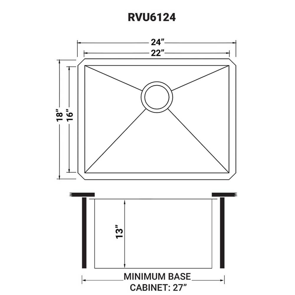 Dimensions Image for Ruvati 24" x 18" x 13" Deep Laundry Utility Sink Undermount 16 Gauge Stainless Steel, RVU6124
