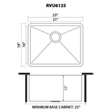 Dimensions for Ruvati 23" x 18" x 12" Deep Laundry Utility Sink Rounded Corners Undermount 16 Gauge Stainless Steel, RVU6125