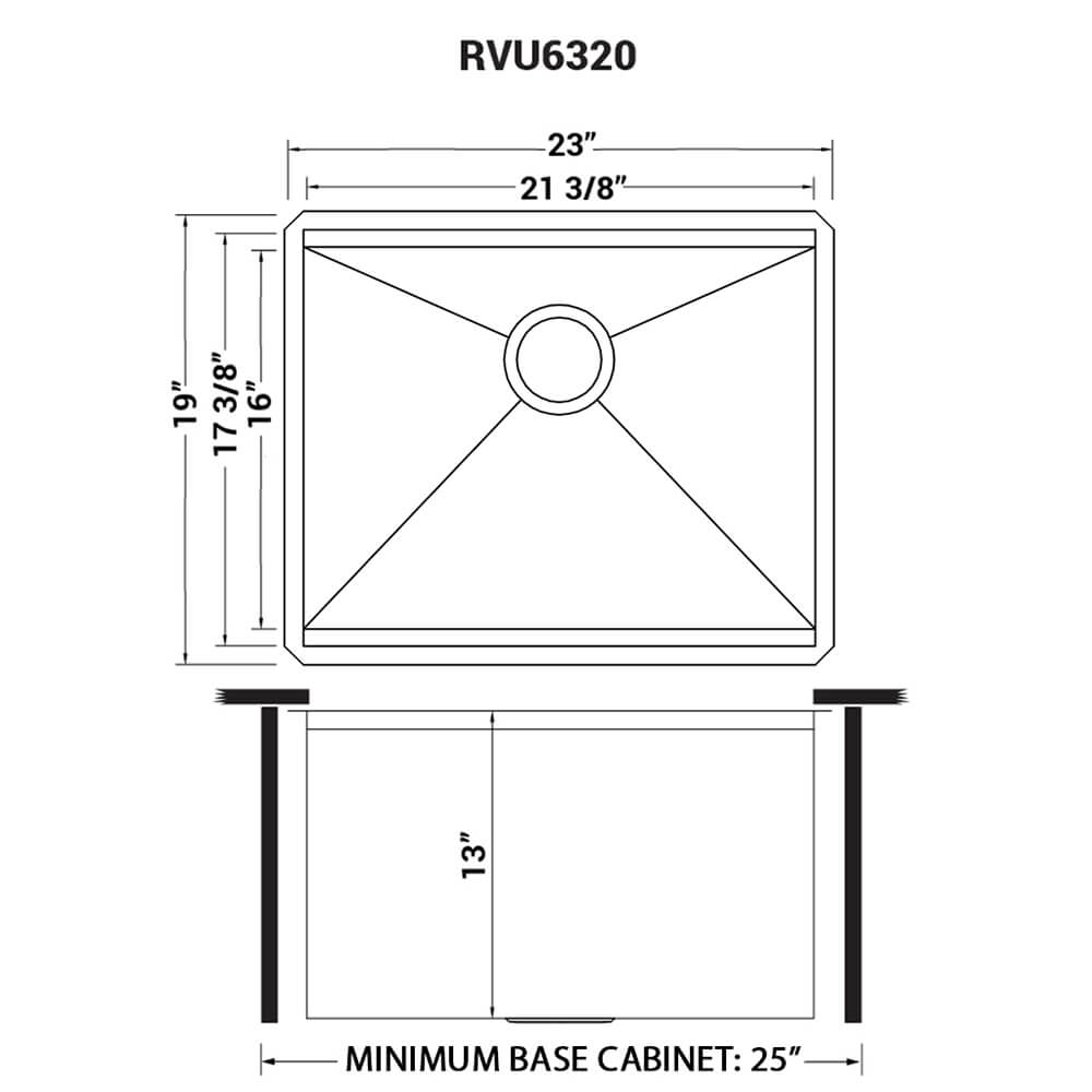 Dimensions Image for Ruvati Alto 23" x 19" x 13" Deep Laundry Utility Workstation Sink Undermount 16 Gauge, Stainless Steel, 16, RVU6320