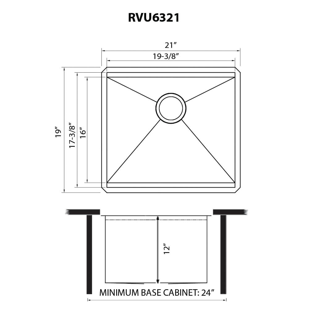 Dimensions Image for Ruvati 21 x 19 x 13 inch Deep Laundry Utility Workstation Sink Undermount 16 Gauge, RVU6321