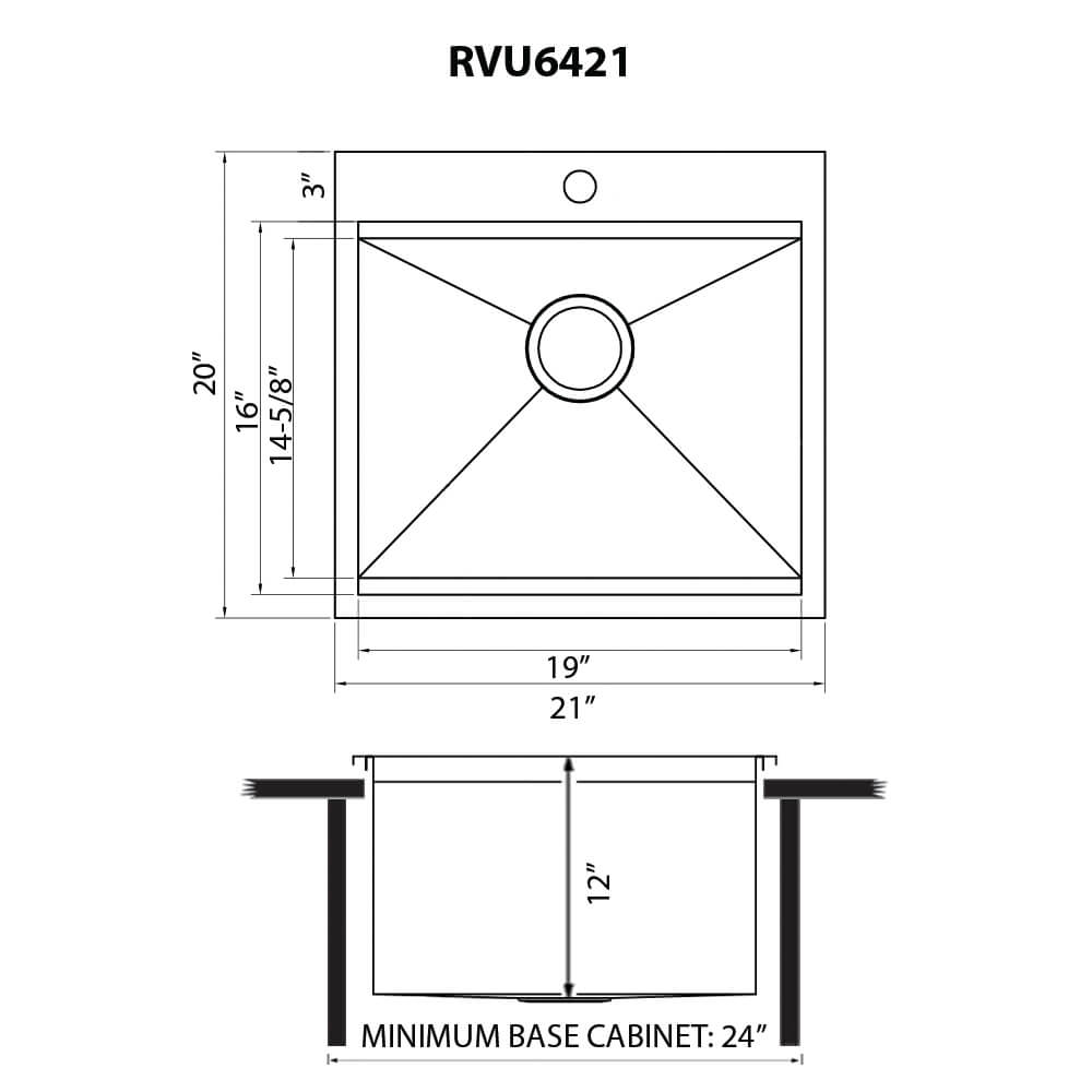 Dimensions Image for Ruvati 21 x 20 x 12 inch Drop-in Topmount Laundry Utility Workstation Sink 16 Gauge Stainless Steel, RVU6421