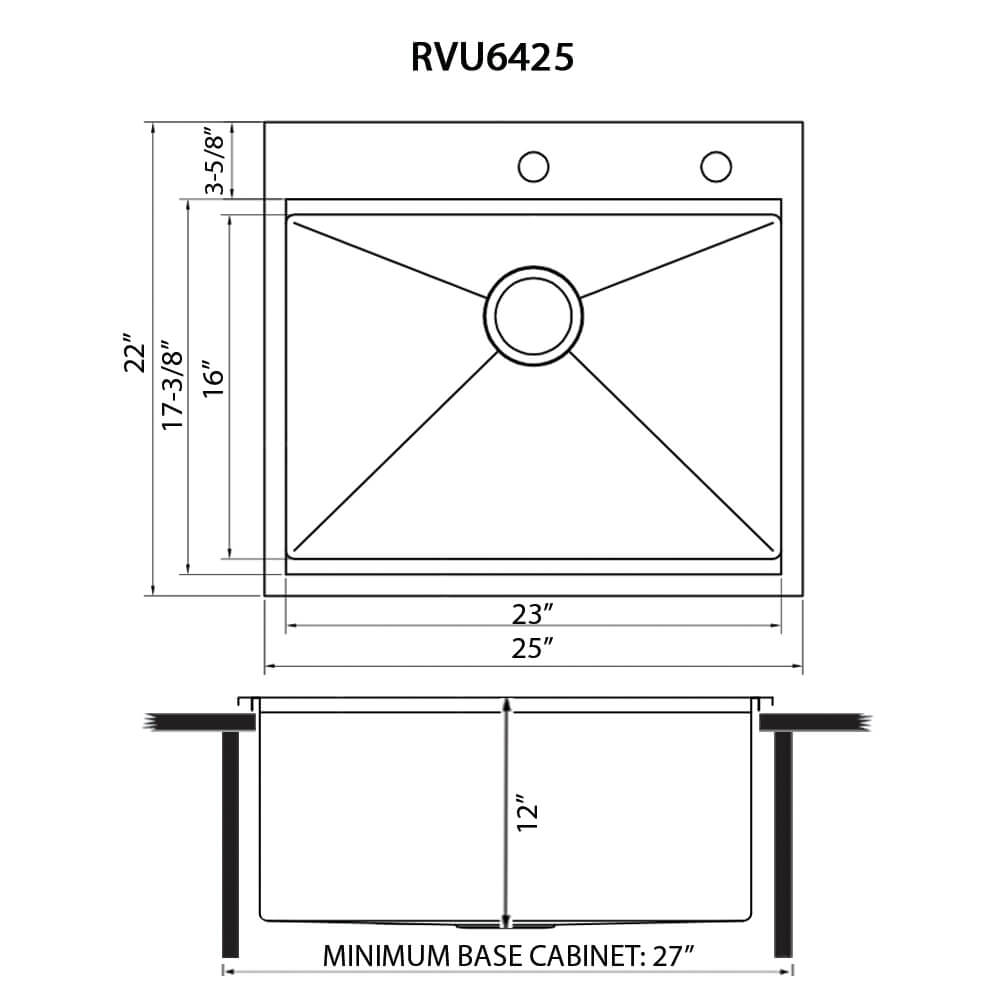 Dimensions Image for Ruvati 25 x 22 x 12 inch Drop-in Topmount Laundry Utility Workstation Sink 16 Gauge Stainless Steel, RVU6425