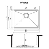 Dimensions for Ruvati 25 x 22 x 12 inch Drop-in Topmount Laundry Utility Workstation Sink 16 Gauge Stainless Steel, RVU6425