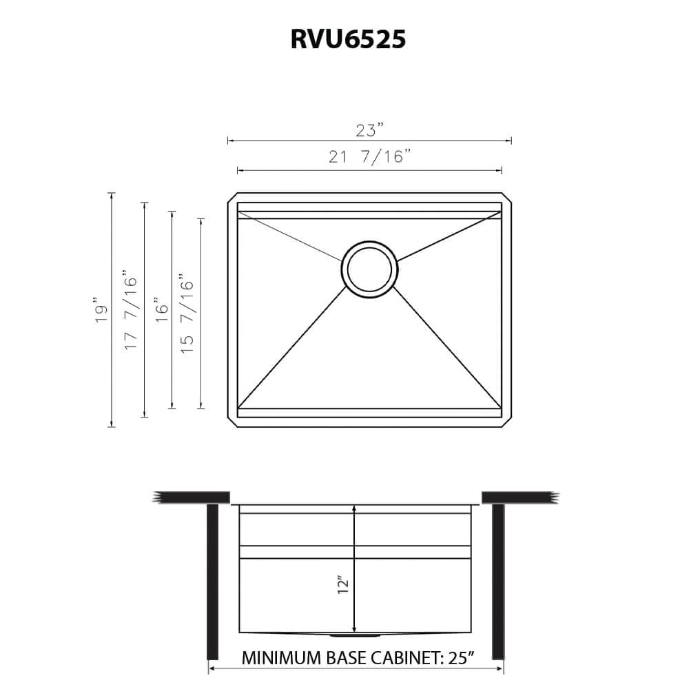 Dimensions Image for Ruvati Alto 23 x 19 x 12 inch Deep Laundry Workstation Sink with Washboard Undermount Stainless Steel, 16, RVU6525