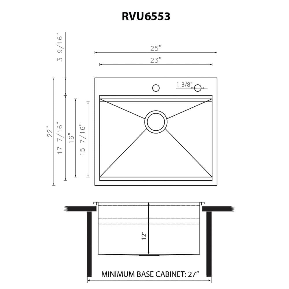 Dimensions Image for Ruvati Alto 25 x 22 x 12 inch Deep Laundry Workstation Sink with Washboard Topmount Stainless Steel, 16, RVU6553