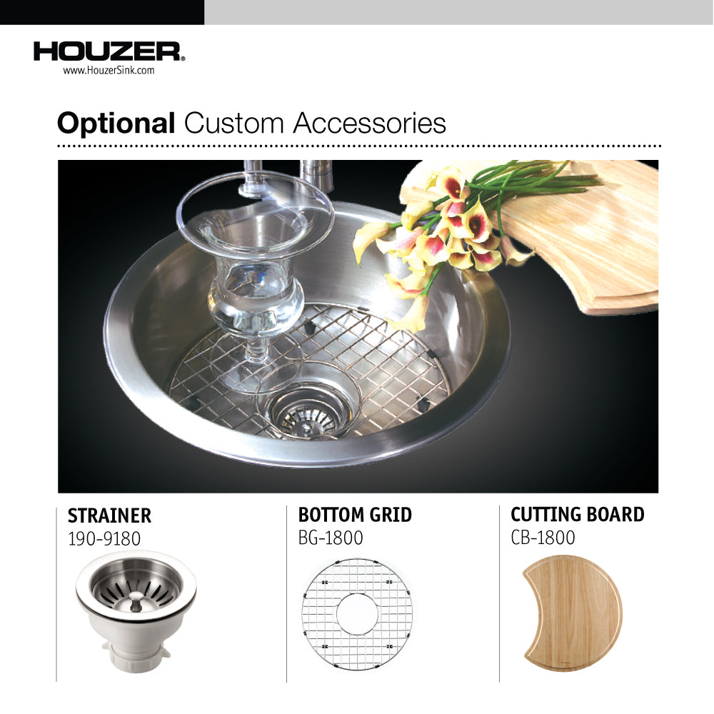 Houzer 18" Stainless Steel Topmount Round Single Bowl Bar Sink, SCF-1830-1