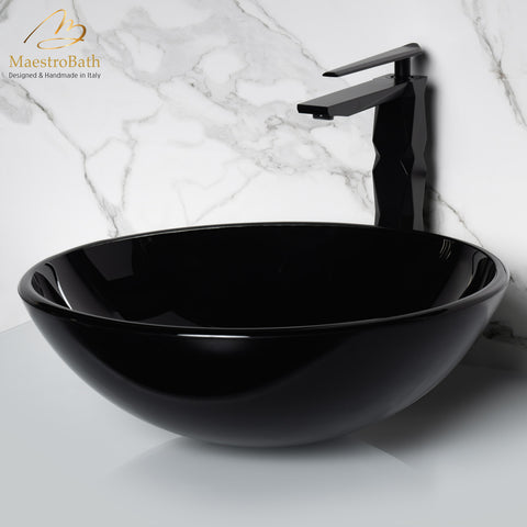 MaestroBath 17" Verona Round Crystal ADA Bathroom Sink, Black, Tempered glass, SIN-VER-BLK