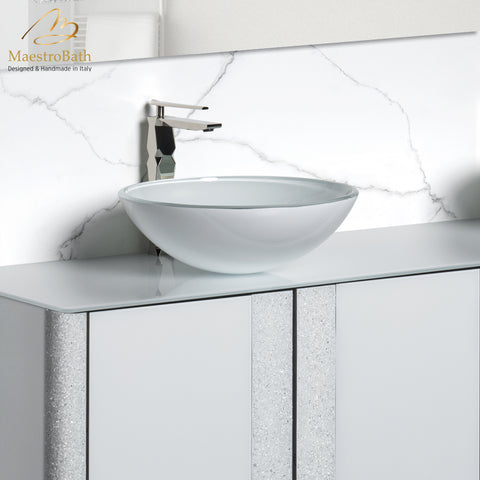 MaestroBath 17" Verona Round Crystal ADA Bathroom Sink, White, Tempered glass, SIN-VER-WHT