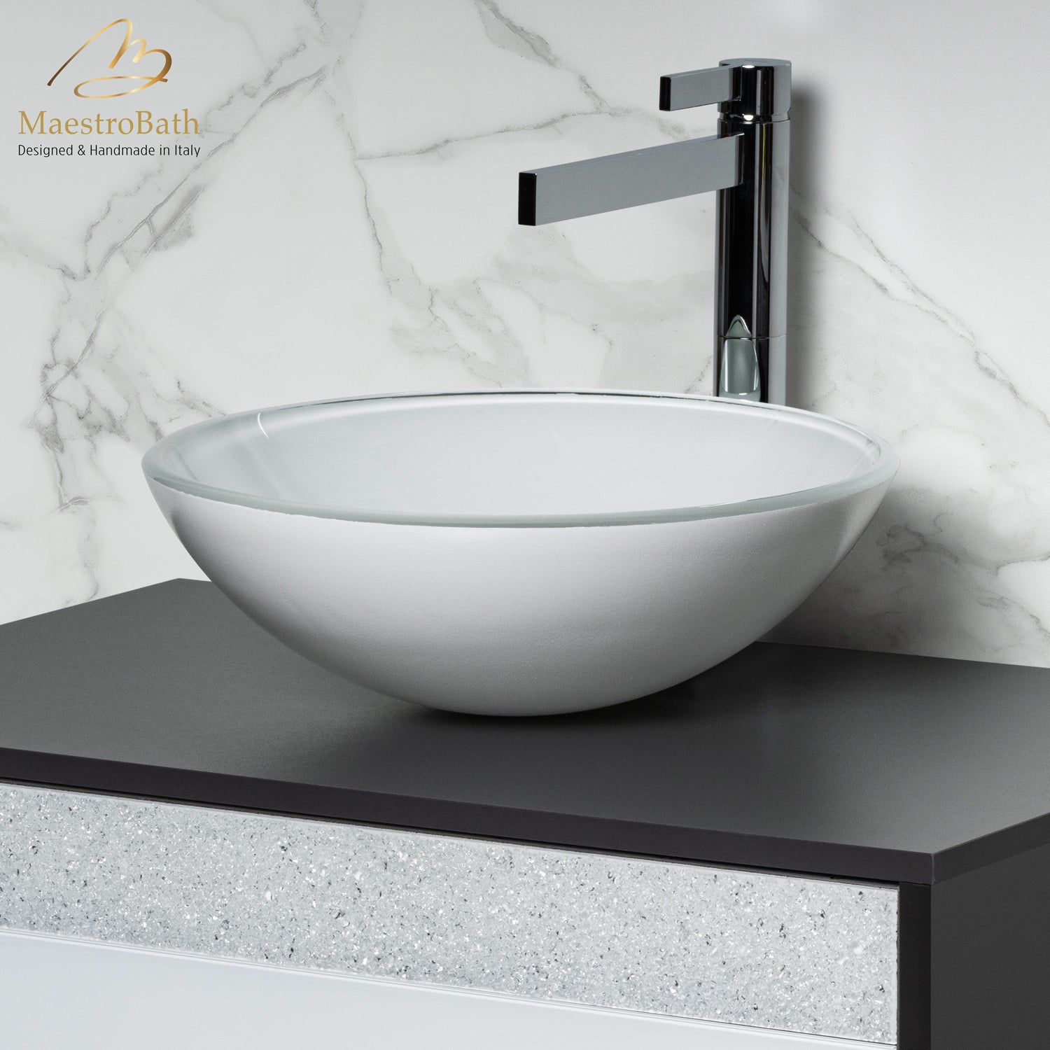 MaestroBath 17" Verona Round Crystal ADA Bathroom Sink, White, Tempered glass, SIN-VER-WHT