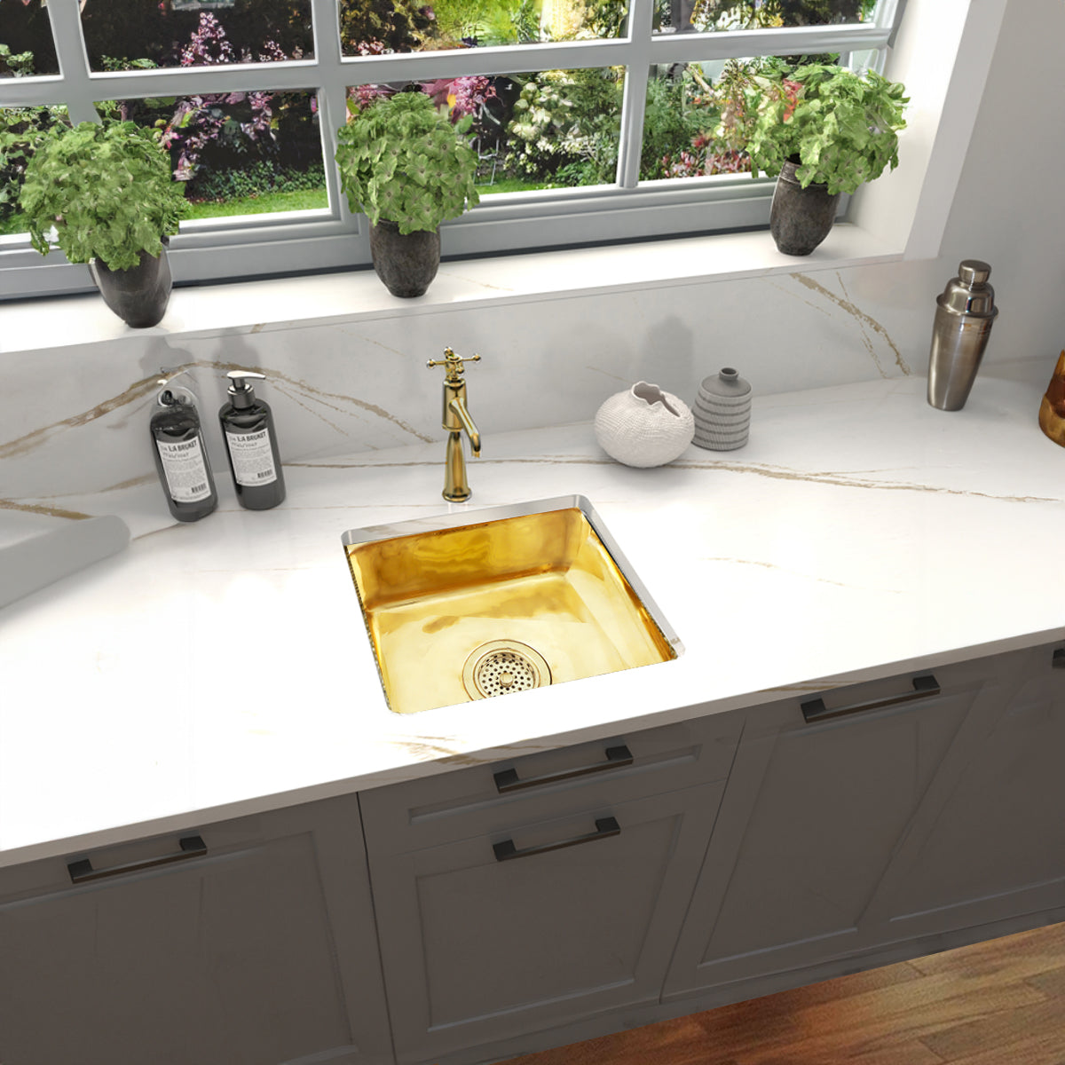 Nantucket Sinks Brightwork Home 17" Square Brass Bar/Prep Sink with Accessories, SQRB-7SM