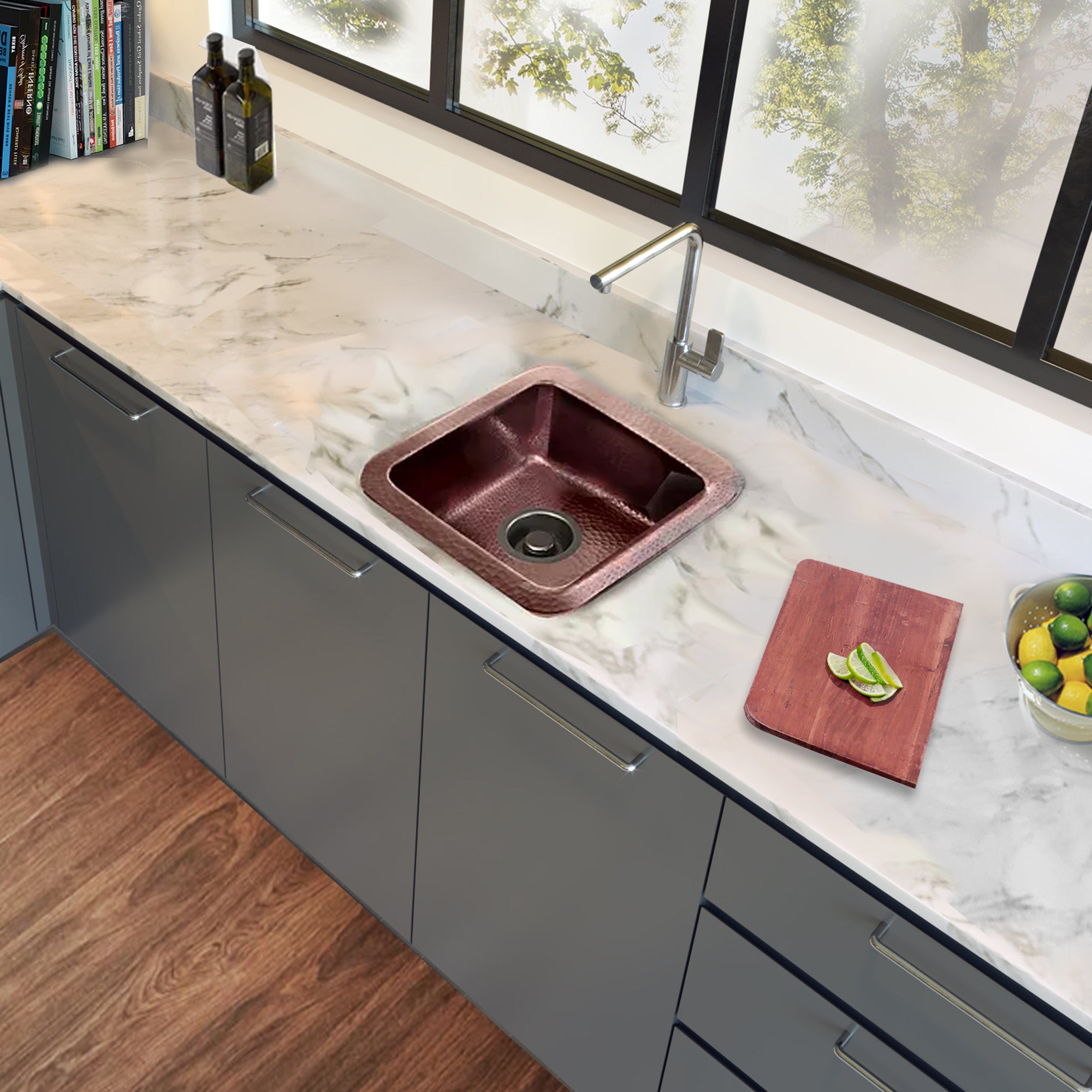 Nantucket Sinks Brightwork Home 17" Square Copper Bar/Prep Sink with Accessories, 16 Gauge, SQRC-7PS