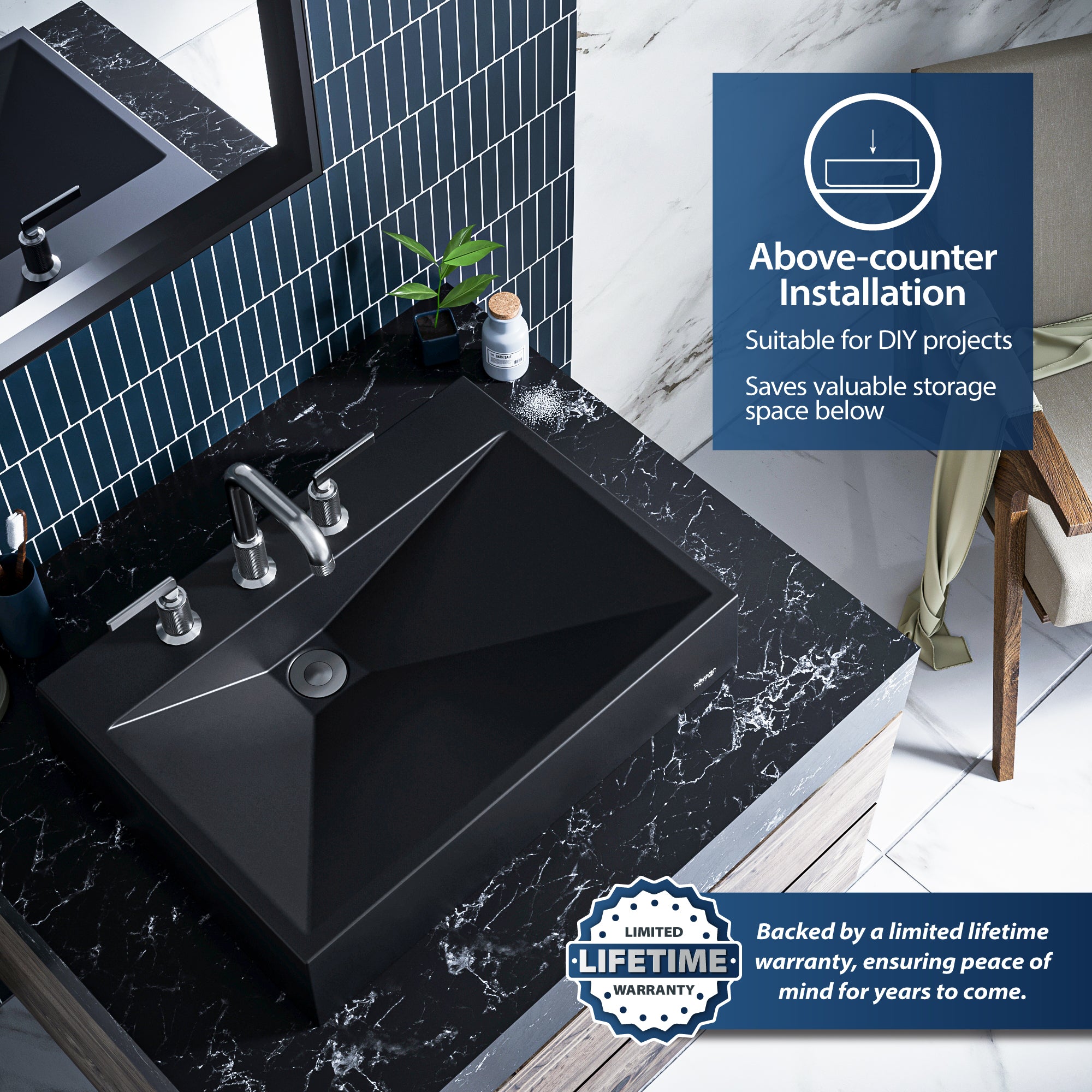 Karran Sternhagen Envy 24.25" x 17.5" Rectangular Vessel Quartz Composite ADA Bathroom Sink, Black, SQS100BL