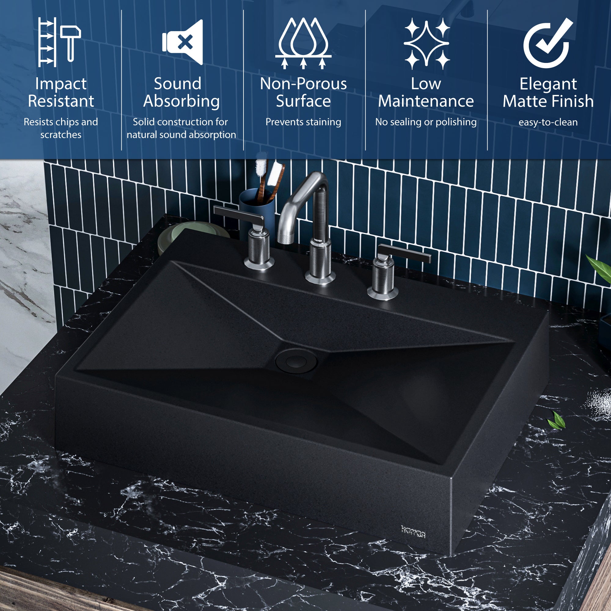 Karran Sternhagen Envy 24.25" x 17.5" Rectangular Vessel Quartz Composite ADA Bathroom Sink, Black, SQS100BL