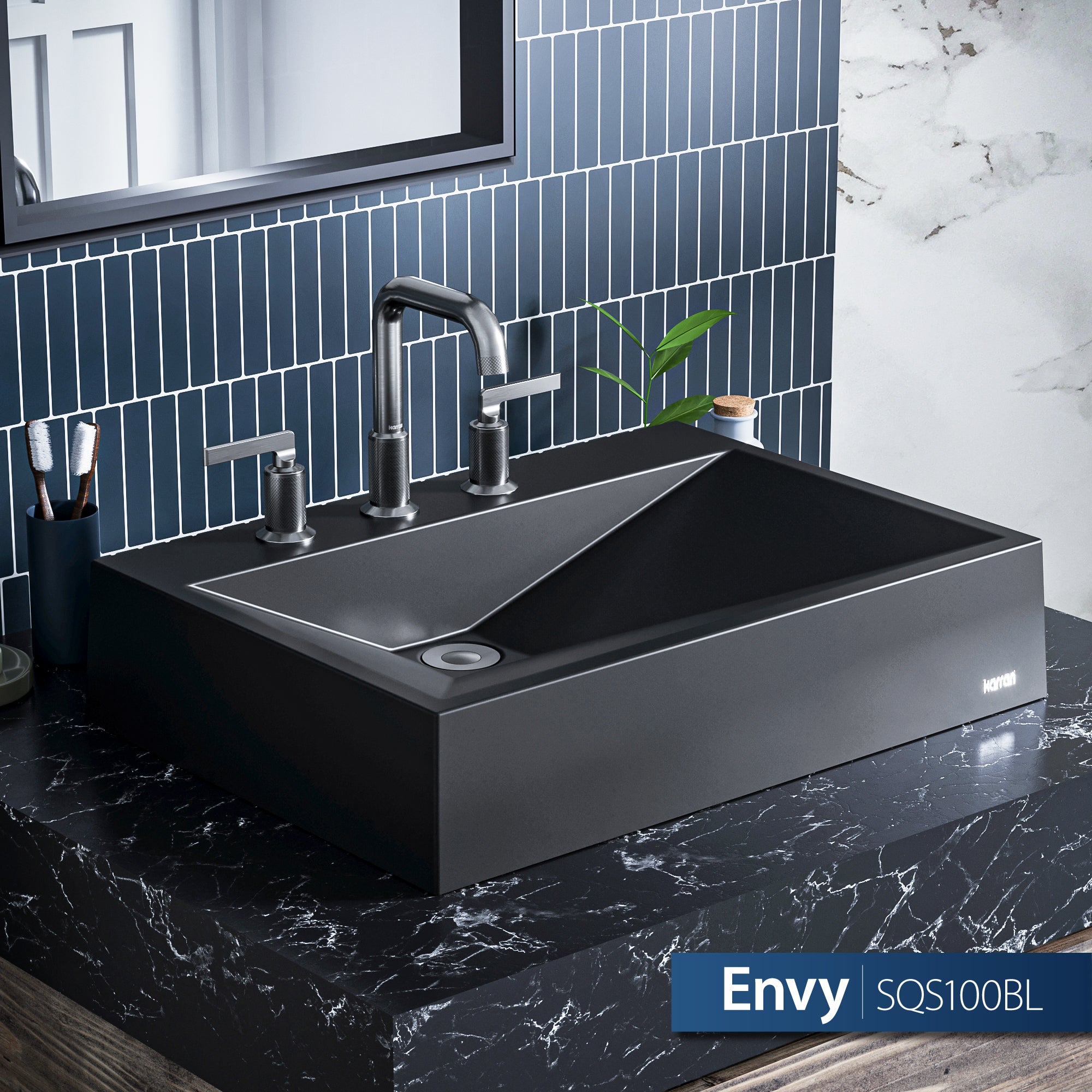 Karran Sternhagen Envy 24.25" x 17.5" Rectangular Vessel Quartz Composite ADA Bathroom Sink, Black, SQS100BL