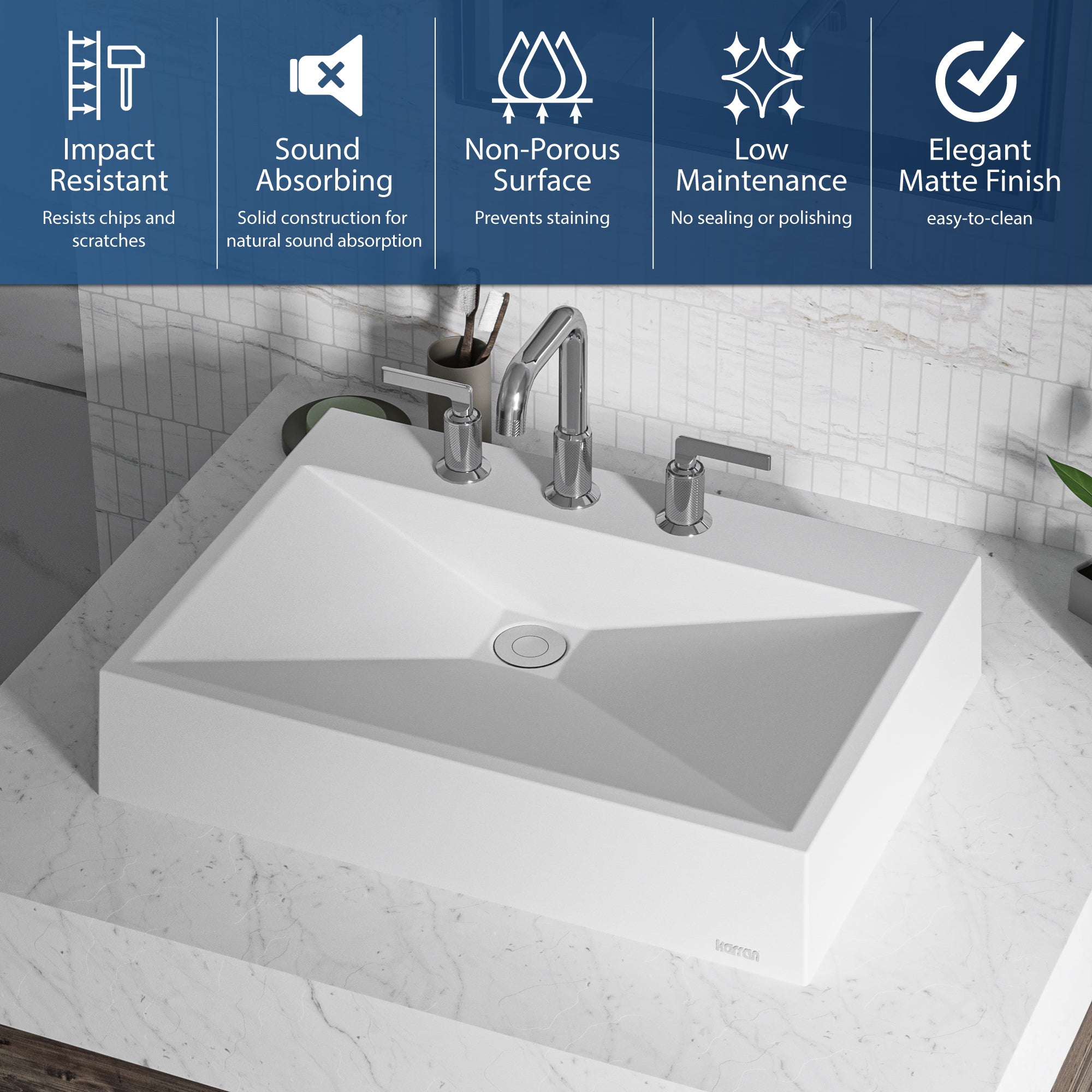 Karran Sternhagen Envy 24.25" x 17.5" Rectangular Vessel Quartz Composite ADA Bathroom Sink, White, SQS100WH