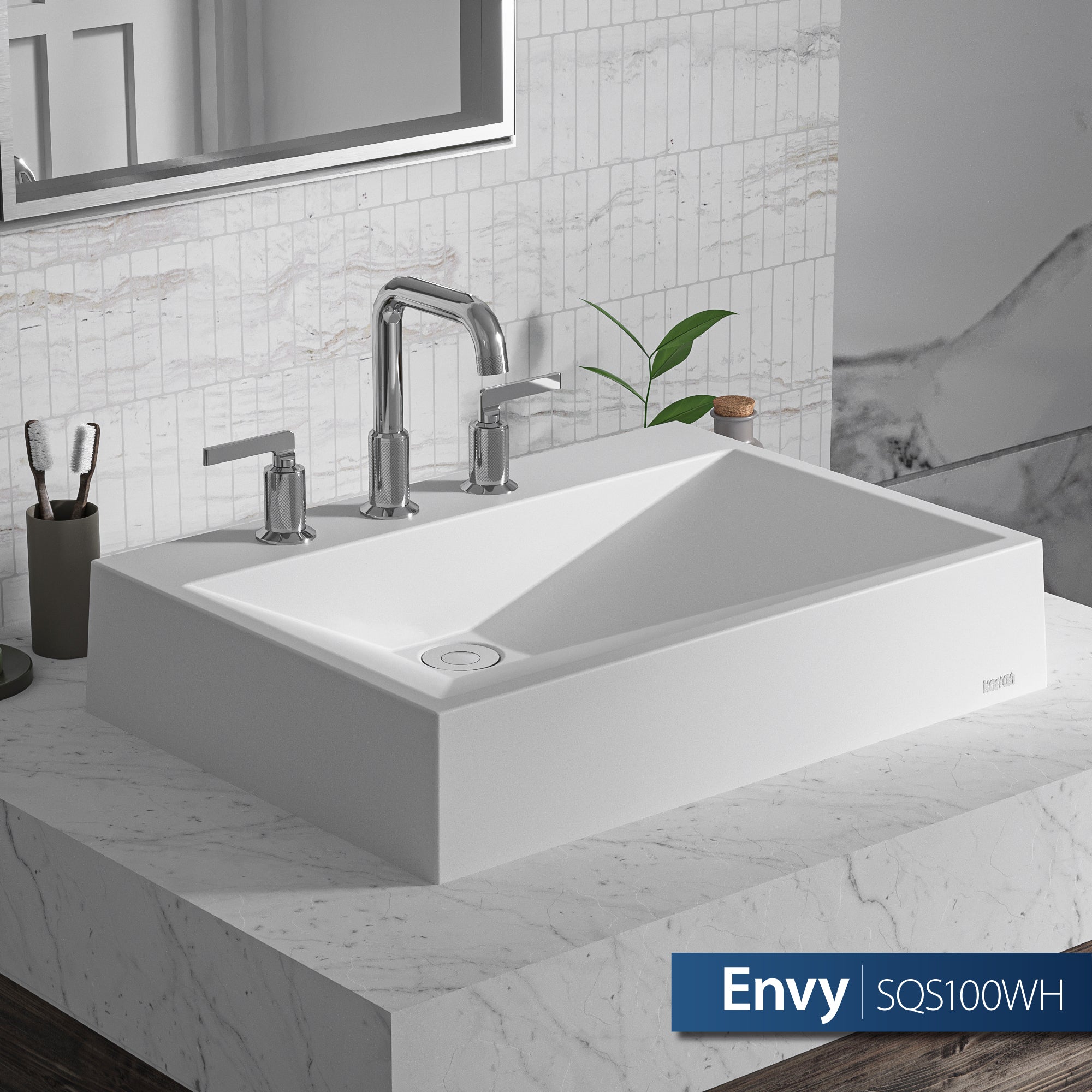 Karran Sternhagen Envy 24.25" x 17.5" Rectangular Vessel Quartz Composite ADA Bathroom Sink, White, SQS100WH