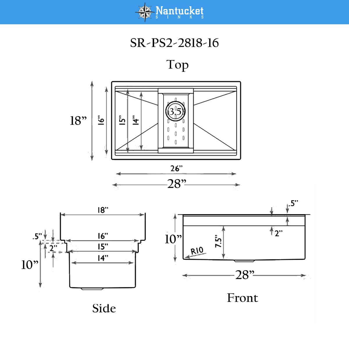 Nantucket Sinks Pro Series 28" Undermount 304 Stainless Steel Kitchen Sink with Accessories, 16 Gauge, SR-PS2-2818-16