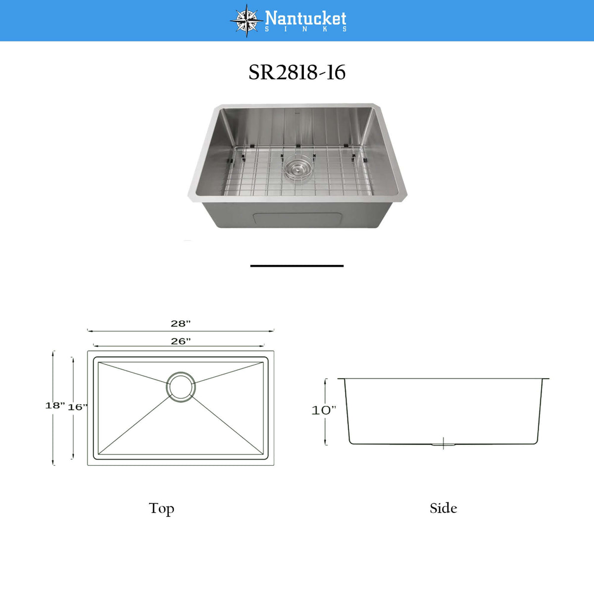 Nantucket Sinks Pro Series 28" Stainless Steel Kitchen Sink, 16 Gauge, SR2818-16