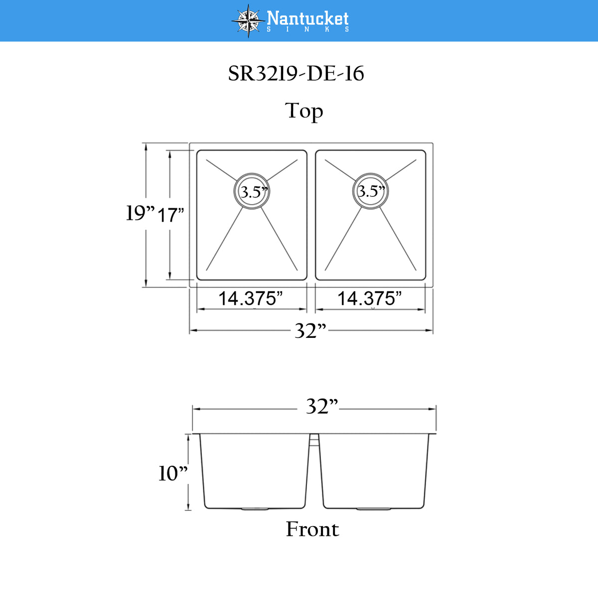 Nantucket Sinks Pro Series 32" Undermount 304 Stainless Steel Kitchen Sink with Accessories, 50/50 Double Bowl, Silver, 16 Gauge, SR3219-DE-16