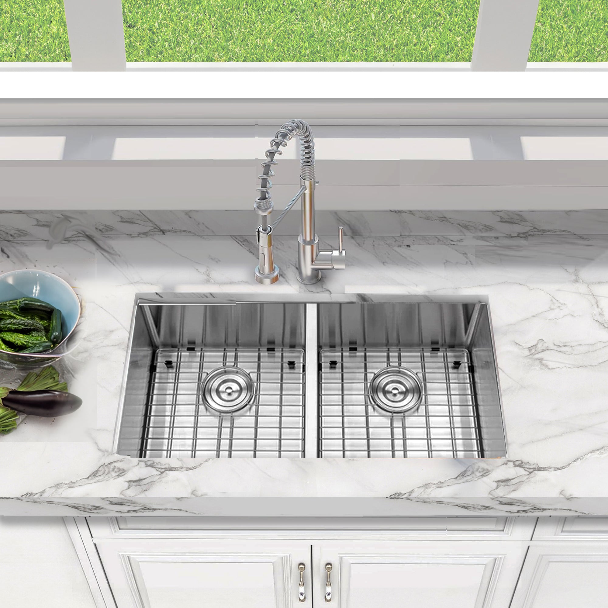 Nantucket Sinks Pro Series 32" Undermount 304 Stainless Steel Kitchen Sink with Accessories, 50/50 Double Bowl, Silver, 16 Gauge, SR3219-DE-16