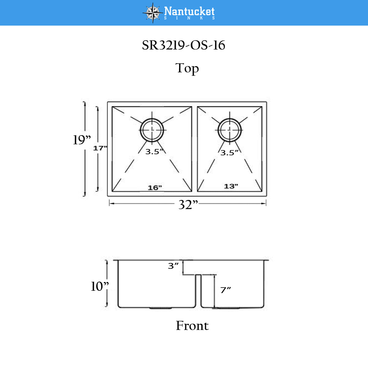 Nantucket Sinks Pro Series 32" Undermount 304 Stainless Steel Kitchen Sink with Accessories, 16 Gauge, 55/45 Double Bowl, Silver, SR3219-OS-16