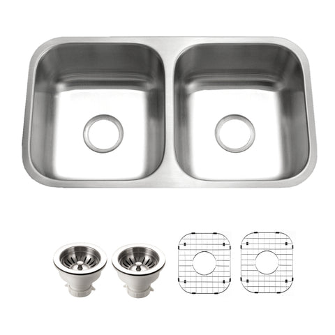 Houzer Eston 31 inch Stainless Steel Undermount 50/50 Double Bowl Kitchen Sink with Strainer & Grid - 18 Gauge, STD-2100-C