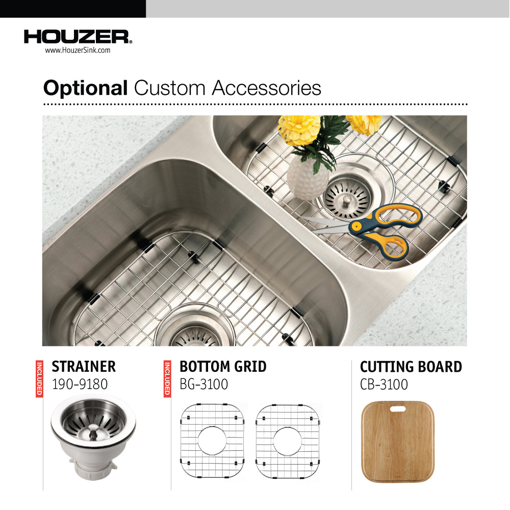 Houzer Eston 31 inch Stainless Steel Undermount 50/50 Double Bowl Kitchen Sink with Strainer & Grid - 18 Gauge, STD-2100-C