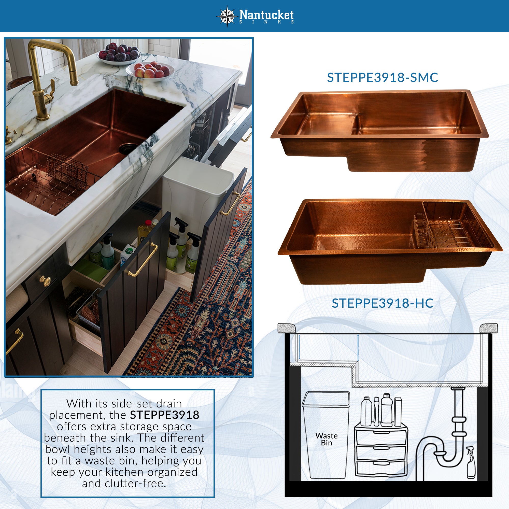 Nantucket Sinks x Studio Dearborn Brightwork 39" Undermount Copper Kitchen Sink with Accessories, 16 Gauge, STEPPE3918-HC