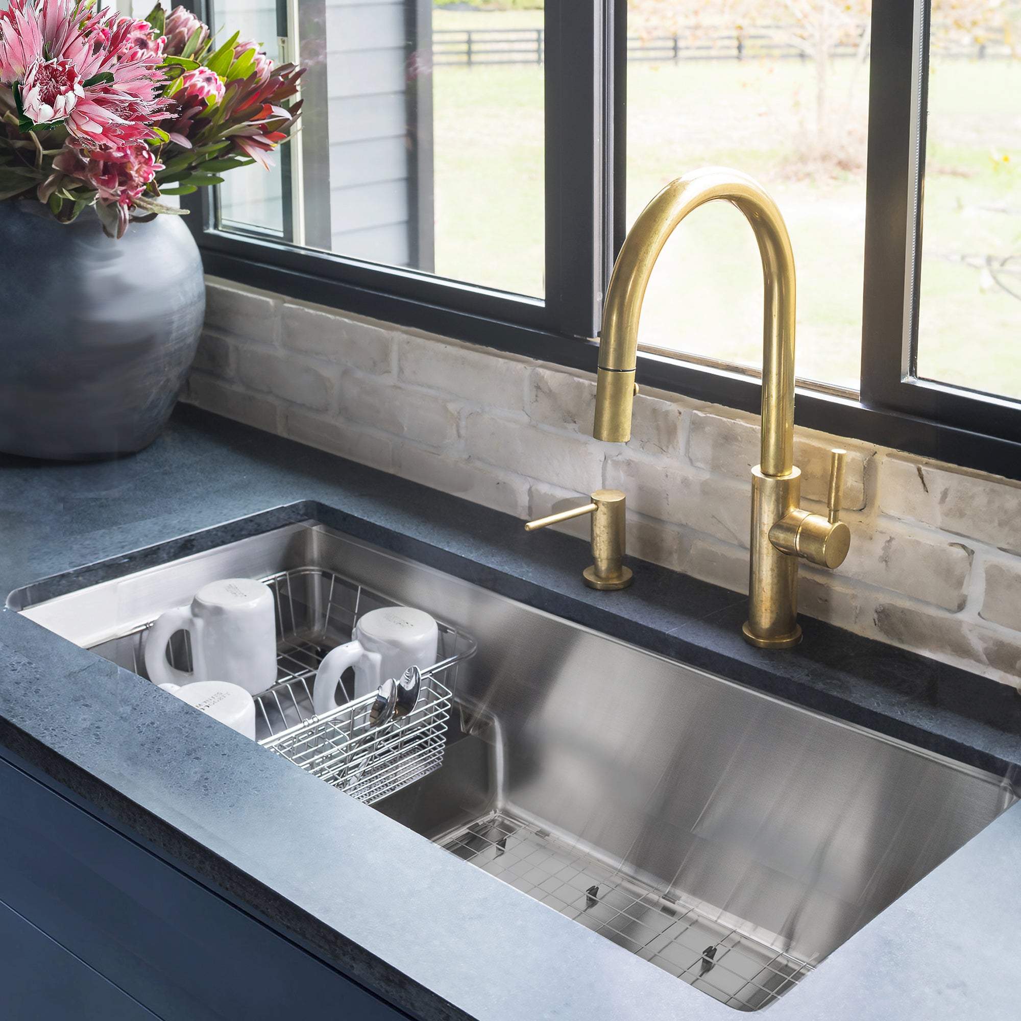 Nantucket Sinks x Studio Dearborn Brightwork 39" Undermount Copper Kitchen Sink with Accessories, 16 Gauge, STEPPE3918-HC