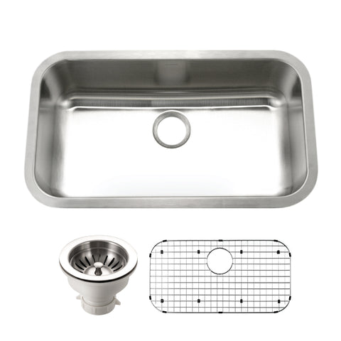 Houzer Eston 32 inch Stainless Steel Undermount Single Bowl Kitchen Sink with Strainer & Grid - 18 Gauge, STL-3600-C