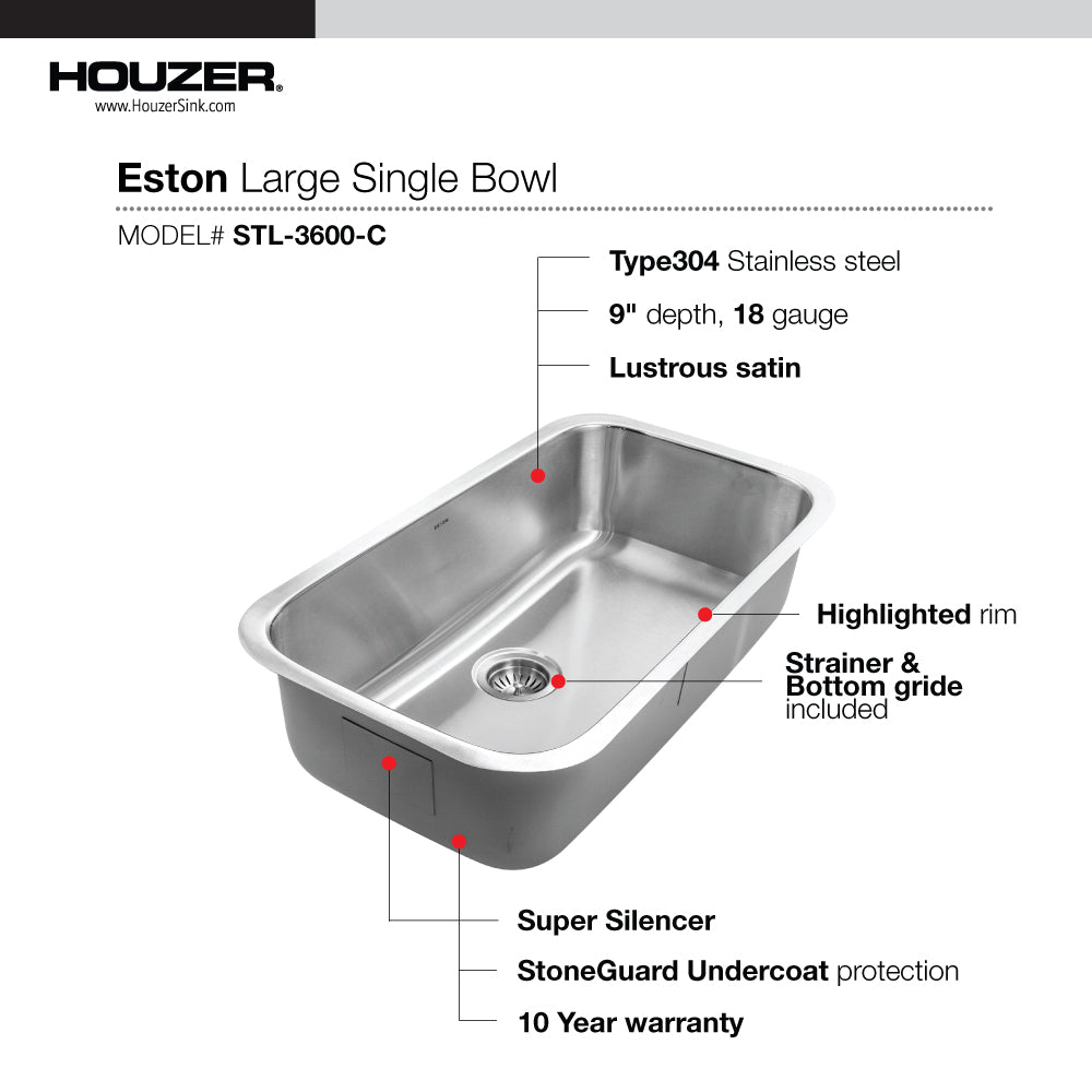 Houzer Eston 32 inch Stainless Steel Undermount Single Bowl Kitchen Sink with Strainer & Grid - 18 Gauge, STL-3600-C