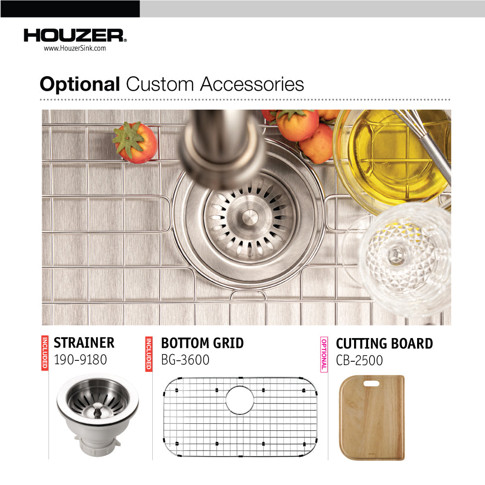Houzer Eston 32 inch Stainless Steel Undermount Single Bowl Kitchen Sink with Strainer & Grid - 18 Gauge, STL-3600-C