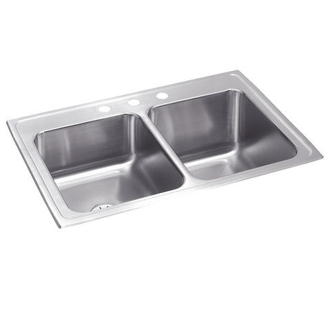 Elkay Lustertone Classic 33" Drop In/Topmount Stainless Steel Kitchen Sink, 50/50 Double Bowl, Lustrous Satin, 3 Faucet Holes, Perfect Drain, STLR3322RPD3