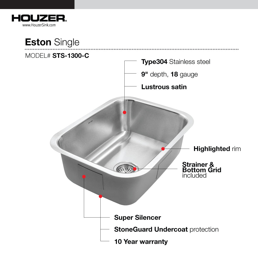 Houzer Eston 23 inch Stainless Steel Undermount Single Bowl Kitchen Sink with Strainer & Grid - 18 Gauge, STS-1300-C