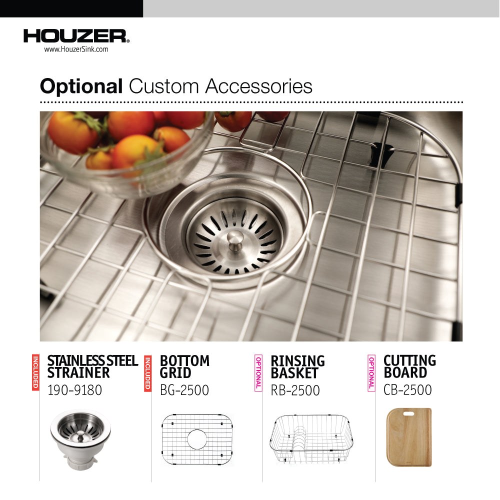 Houzer Eston 23 inch Stainless Steel Undermount Single Bowl Kitchen Sink with Strainer & Grid - 18 Gauge, STS-1300-C