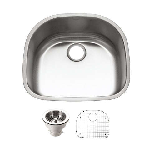 Houzer Eston 24 inch Stainless Steel Undermount Single D Bowl Kitchen Sink with Strainer & Grid - 18 Gauge, STS-1400-C