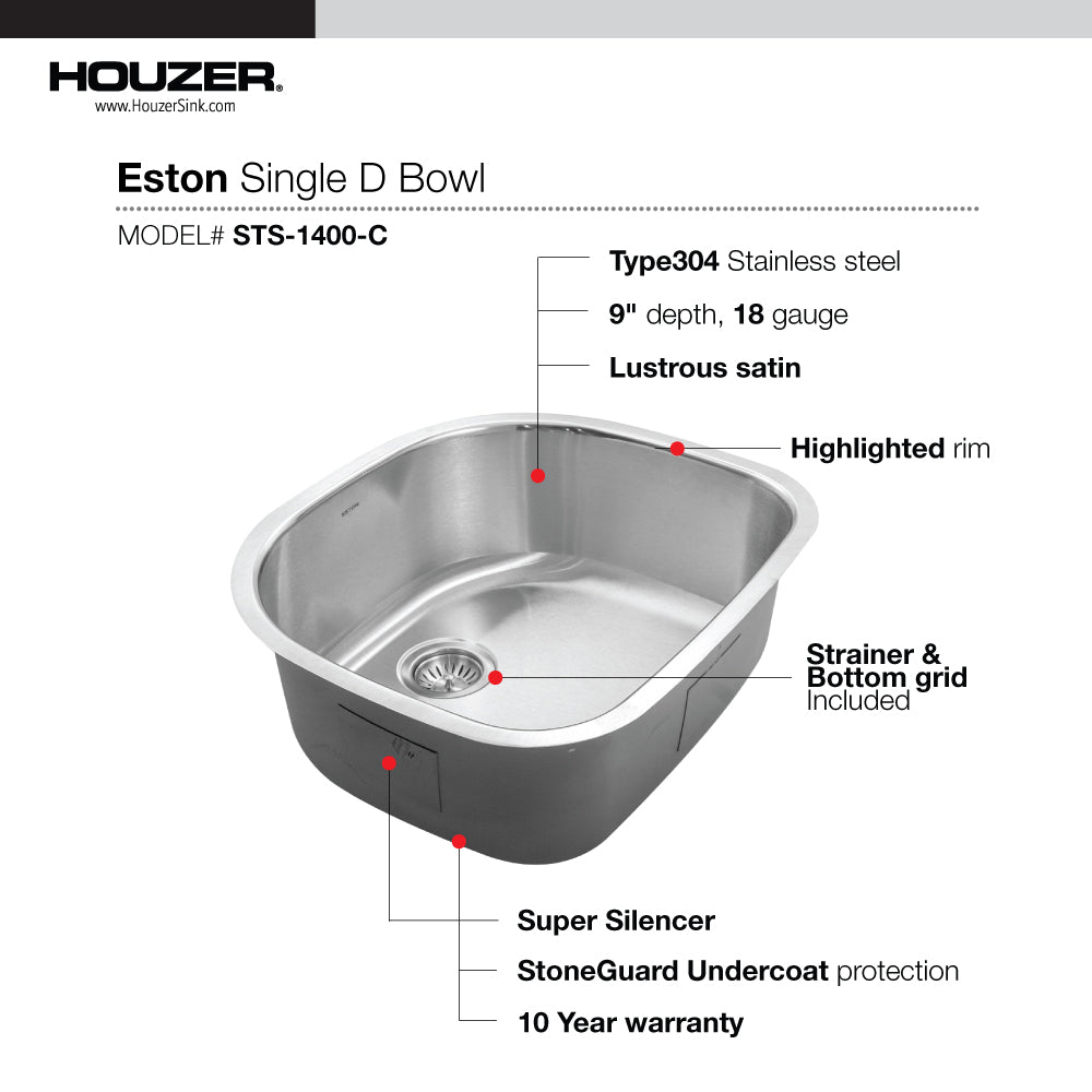 Houzer Eston 24 inch Stainless Steel Undermount Single D Bowl Kitchen Sink with Strainer & Grid - 18 Gauge, STS-1400-C