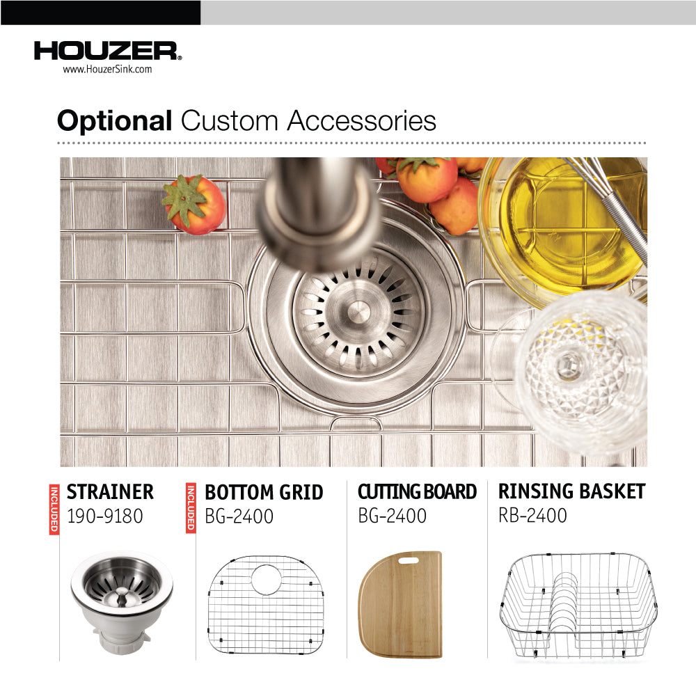 Houzer Eston 24 inch Stainless Steel Undermount Single D Bowl Kitchen Sink with Strainer & Grid - 18 Gauge, STS-1400-C