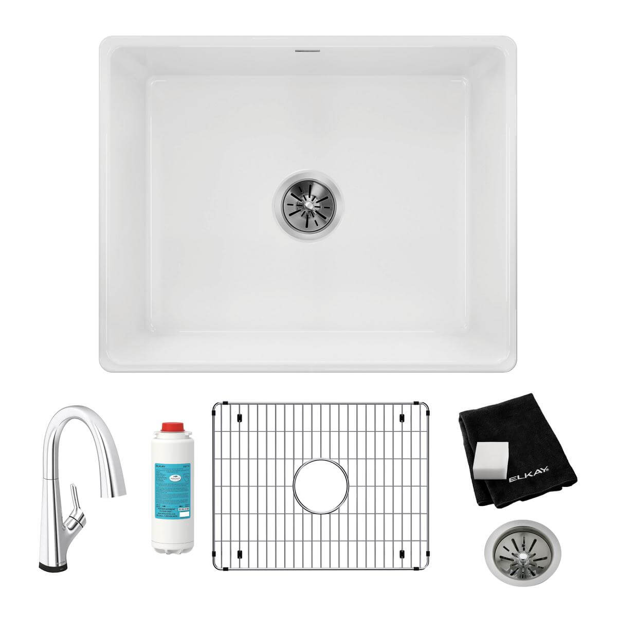 Elkay 24" Fireclay Farmhouse Sink Kit with Faucet, Single Bowl White, SWUF2520WHFLC